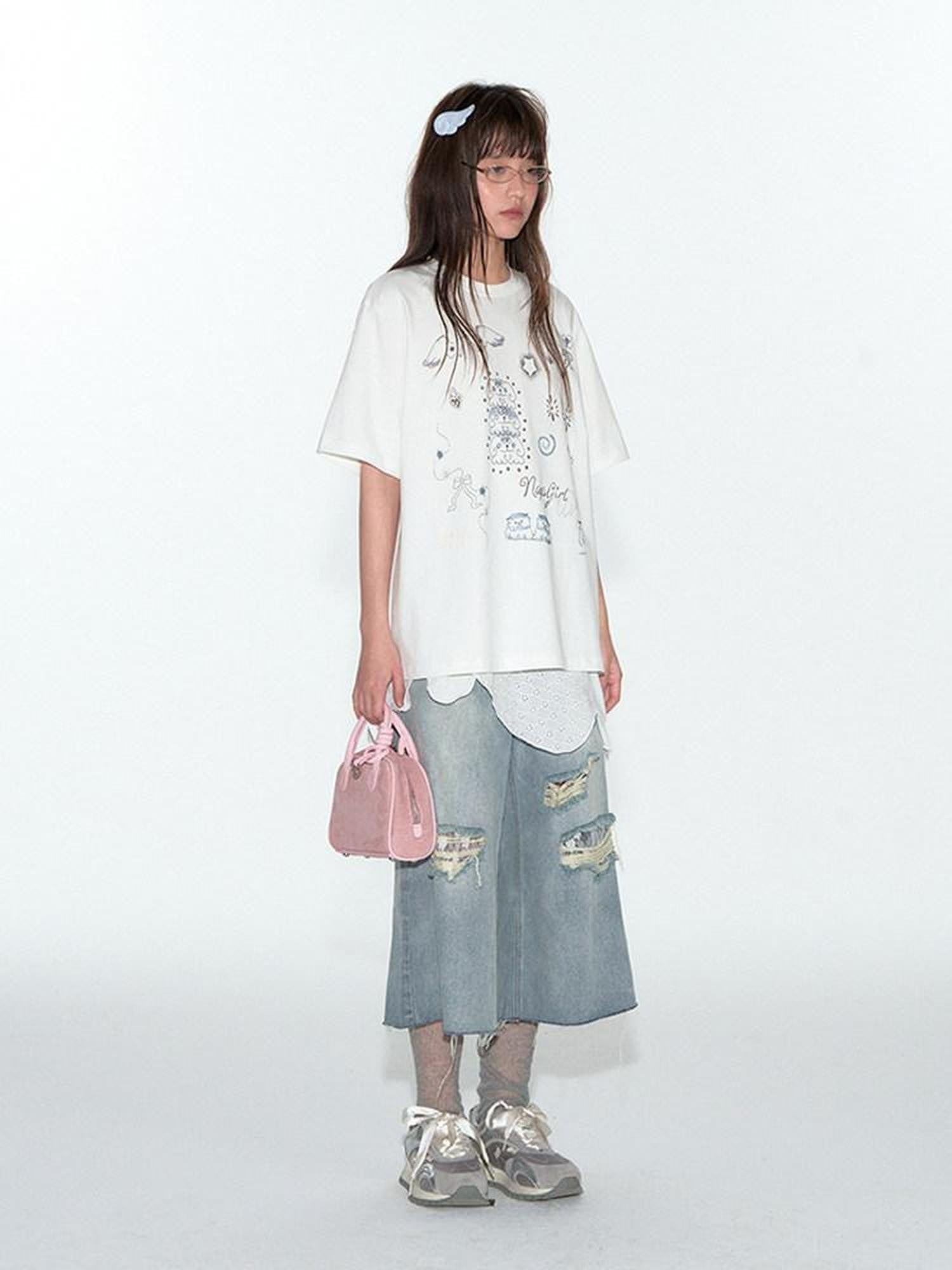 NAPSNAPS Denim Blue Lace Ripped Contrast Stitch Wide Leg Women&