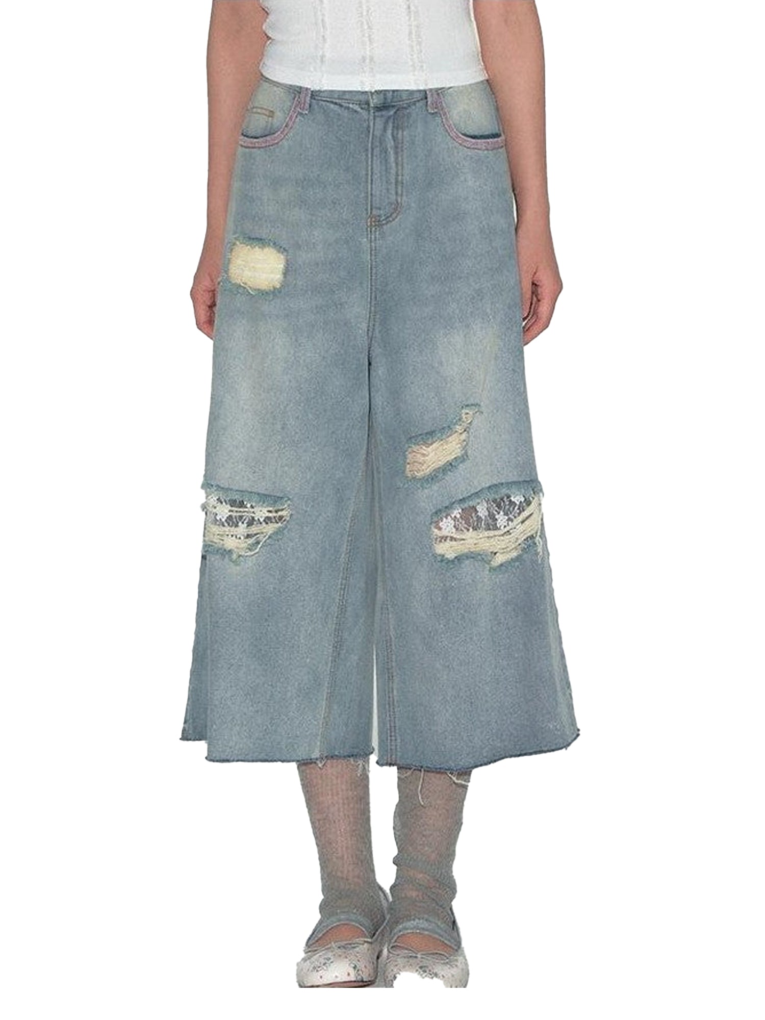 NAPSNAPS Denim Blue Lace Ripped Contrast Stitch Wide Leg Women&