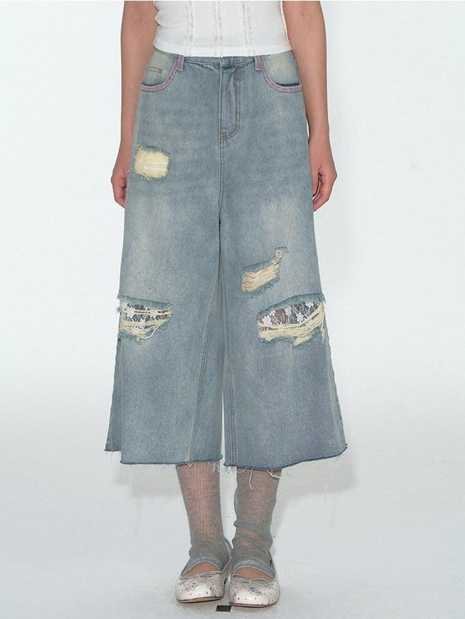 NAPSNAPS Denim Blue Lace Ripped Contrast Stitch Wide Leg Women&