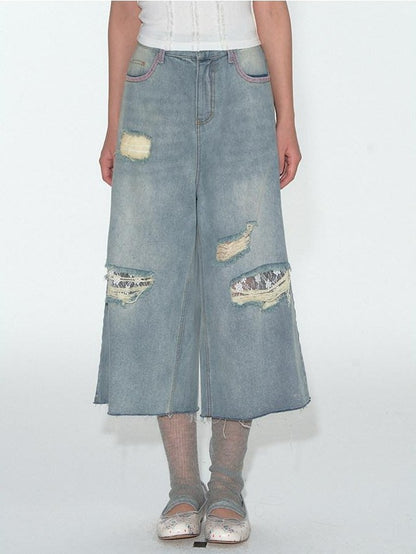 NAPSNAPS Denim Blue Lace Ripped Contrast Stitch Wide Leg Women&