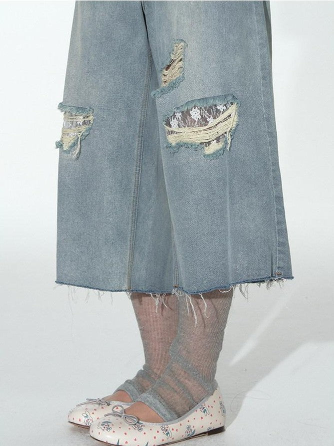 NAPSNAPS Denim Blue Lace Ripped Contrast Stitch Wide Leg Women&