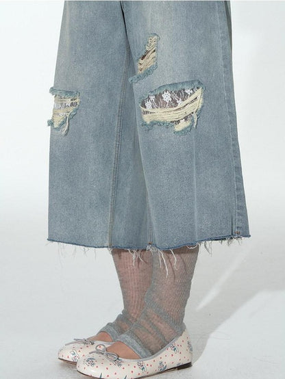 NAPSNAPS Denim Blue Lace Ripped Contrast Stitch Wide Leg Women&