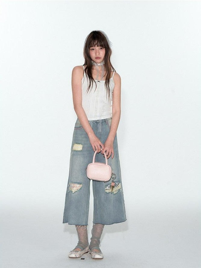 NAPSNAPS Denim Blue Lace Ripped Contrast Stitch Wide Leg Women&