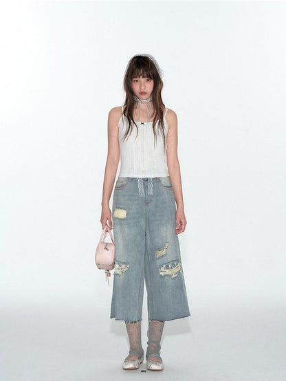 NAPSNAPS Denim Blue Lace Ripped Contrast Stitch Wide Leg Women&