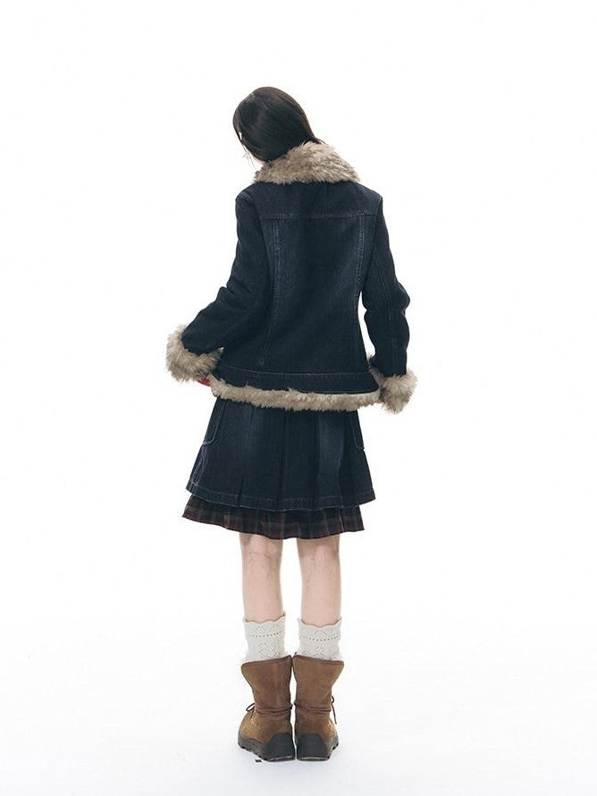 NAPSNAPS Denim Distressed Detachable Fur Collar Polo Collar Women&