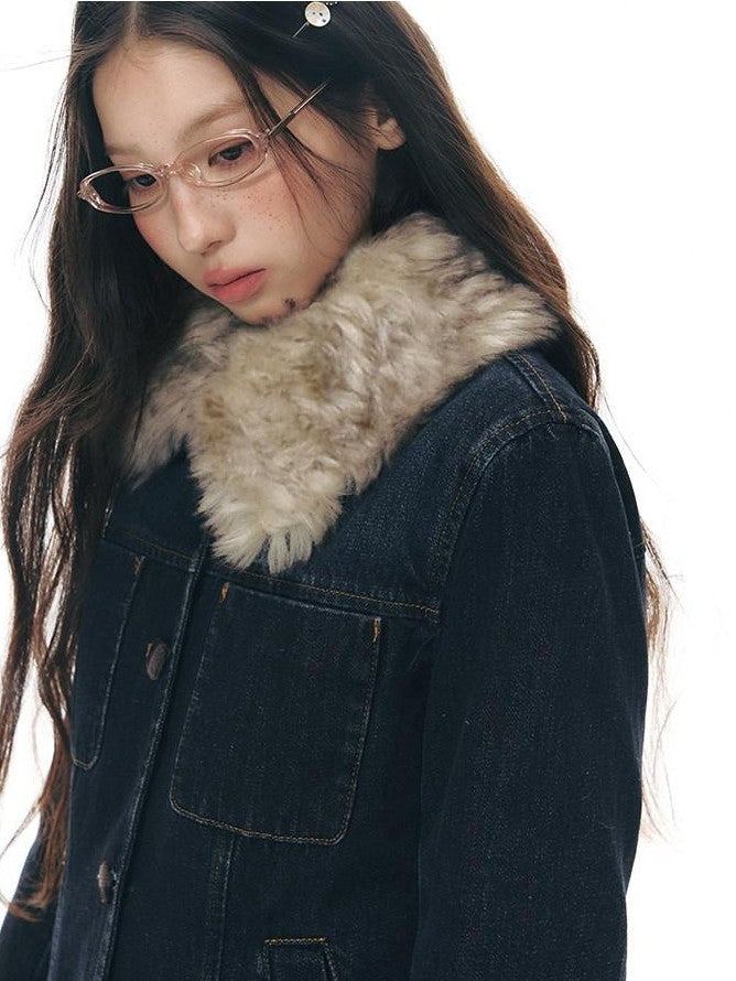 NAPSNAPS Denim Distressed Detachable Fur Collar Polo Collar Women&