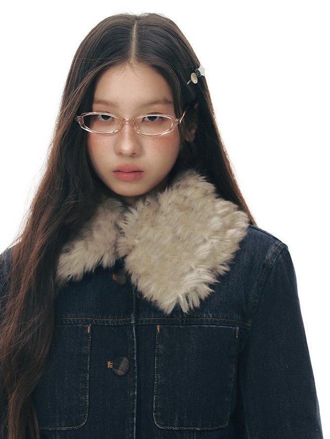 NAPSNAPS Denim Distressed Detachable Fur Collar Polo Collar Women&