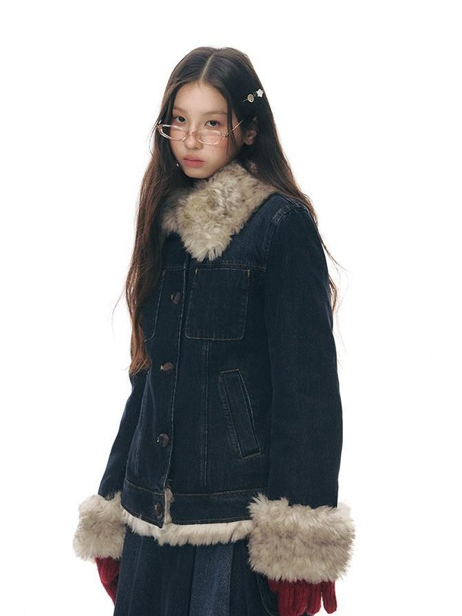NAPSNAPS Denim Distressed Detachable Fur Collar Polo Collar Women&