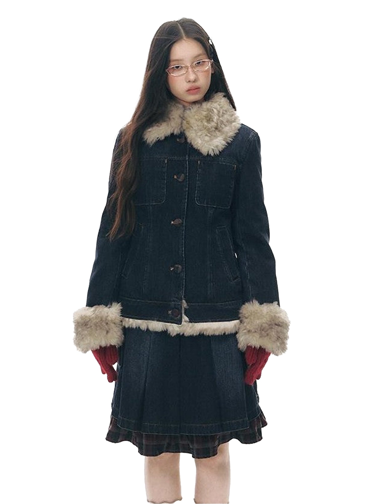 NAPSNAPS Denim Distressed Detachable Fur Collar Polo Collar Women&