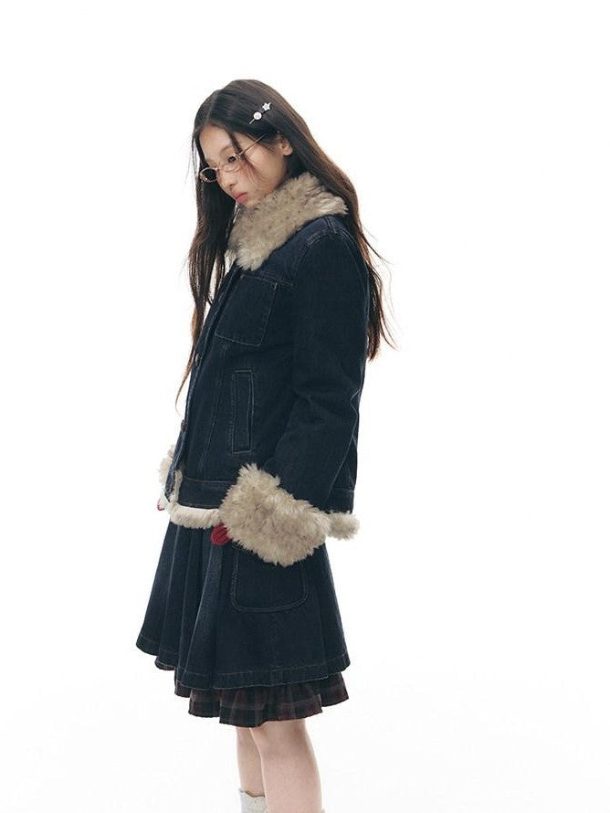 NAPSNAPS Denim Distressed Detachable Fur Collar Polo Collar Women&