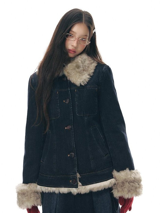 NAPSNAPS Denim Distressed Detachable Fur Collar Polo Collar Women&