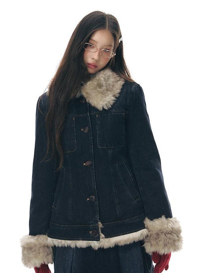 NAPSNAPS Denim Distressed Detachable Fur Collar Polo Collar Women&