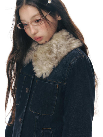 NAPSNAPS Denim Distressed Detachable Fur Collar Polo Collar Women&