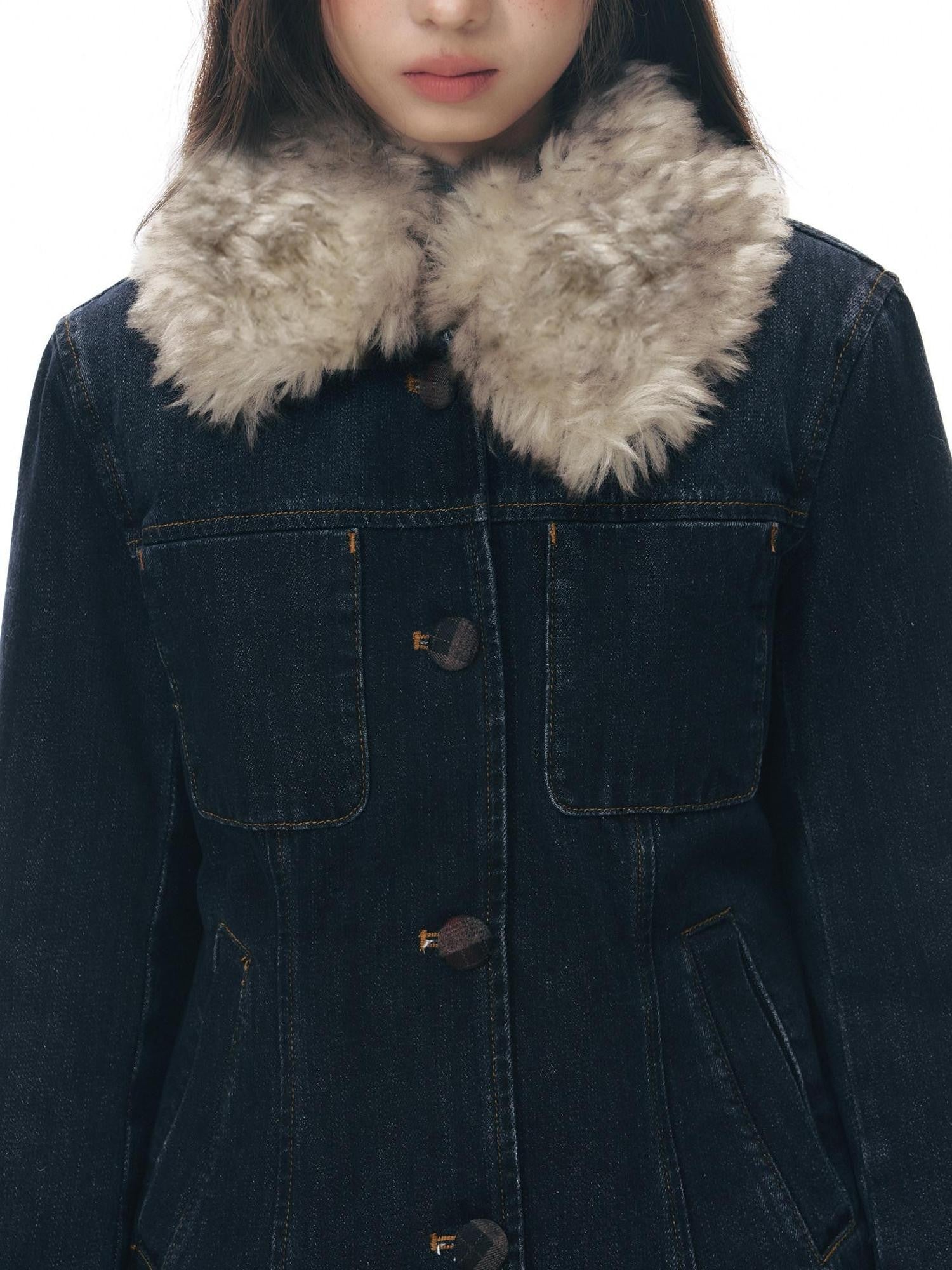 NAPSNAPS Denim Distressed Detachable Fur Collar Polo Collar Women&