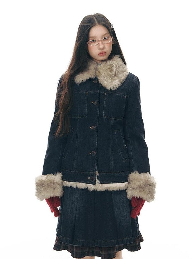 NAPSNAPS Denim Distressed Detachable Fur Collar Polo Collar Women&