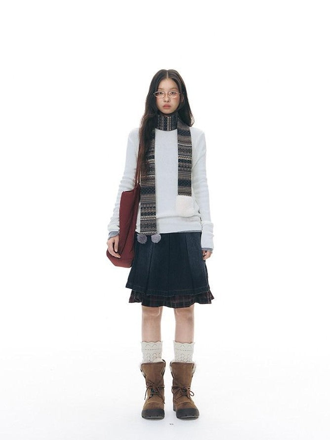 NAPSNAPS Denim Red Plaid Patchwork Wide Waist Women&