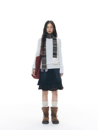 NAPSNAPS Denim Red Plaid Patchwork Wide Waist Women&