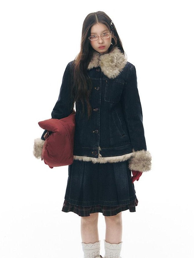 NAPSNAPS Denim Red Plaid Patchwork Wide Waist Women&