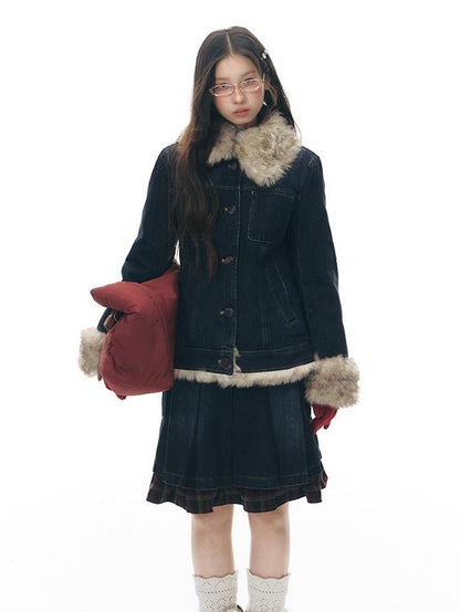 NAPSNAPS Denim Red Plaid Patchwork Wide Waist Women&