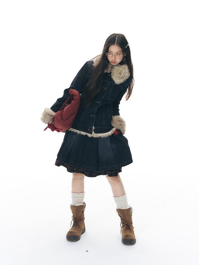 NAPSNAPS Denim Red Plaid Patchwork Wide Waist Women&
