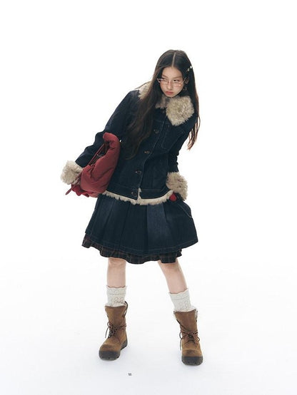 NAPSNAPS Denim Red Plaid Patchwork Wide Waist Women&