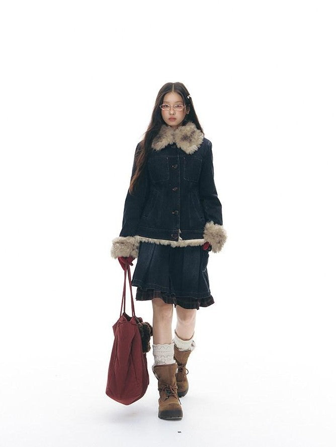 NAPSNAPS Denim Red Plaid Patchwork Wide Waist Women&