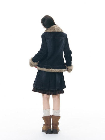 NAPSNAPS Denim Red Plaid Patchwork Wide Waist Women&