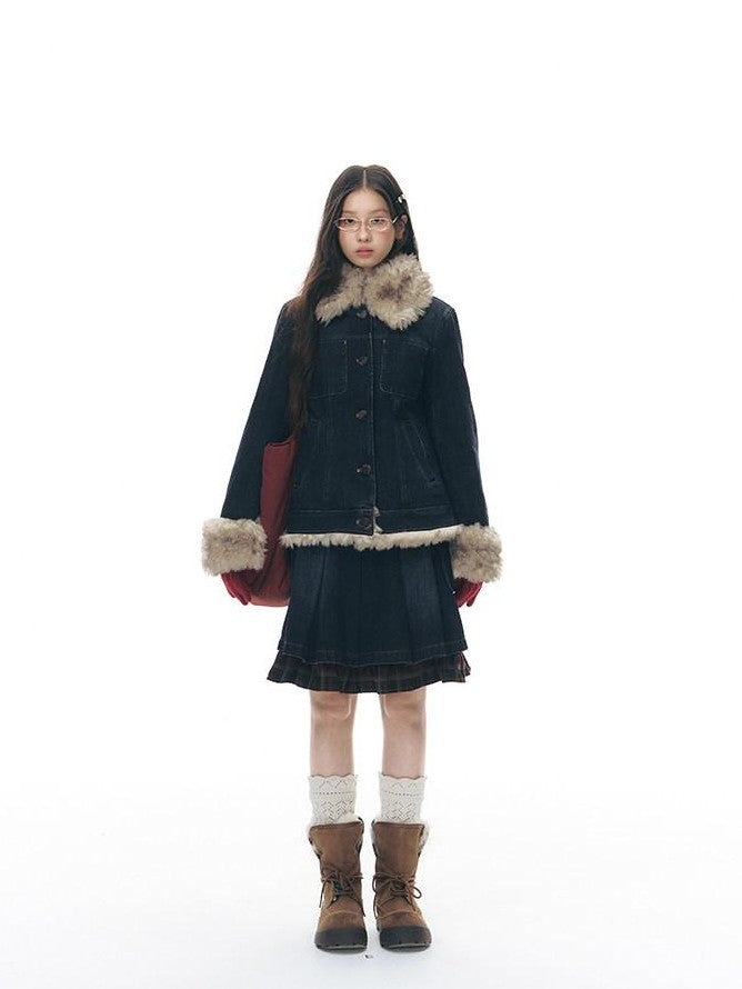 NAPSNAPS Denim Red Plaid Patchwork Wide Waist Women&