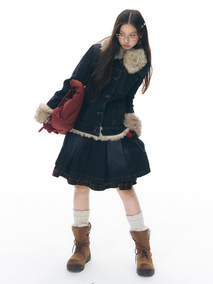 NAPSNAPS Denim Red Plaid Patchwork Wide Waist Women&