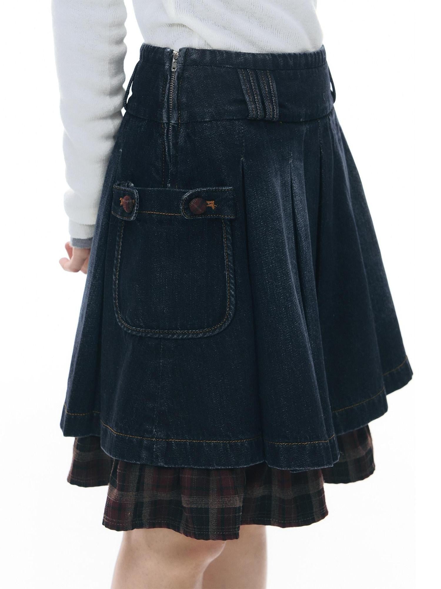 NAPSNAPS Denim Red Plaid Patchwork Wide Waist Women&