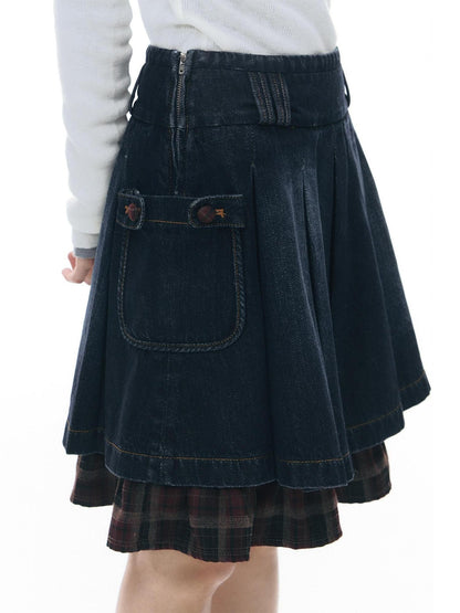 NAPSNAPS Denim Red Plaid Patchwork Wide Waist Women&