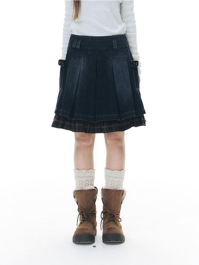NAPSNAPS Denim Red Plaid Patchwork Wide Waist Women&