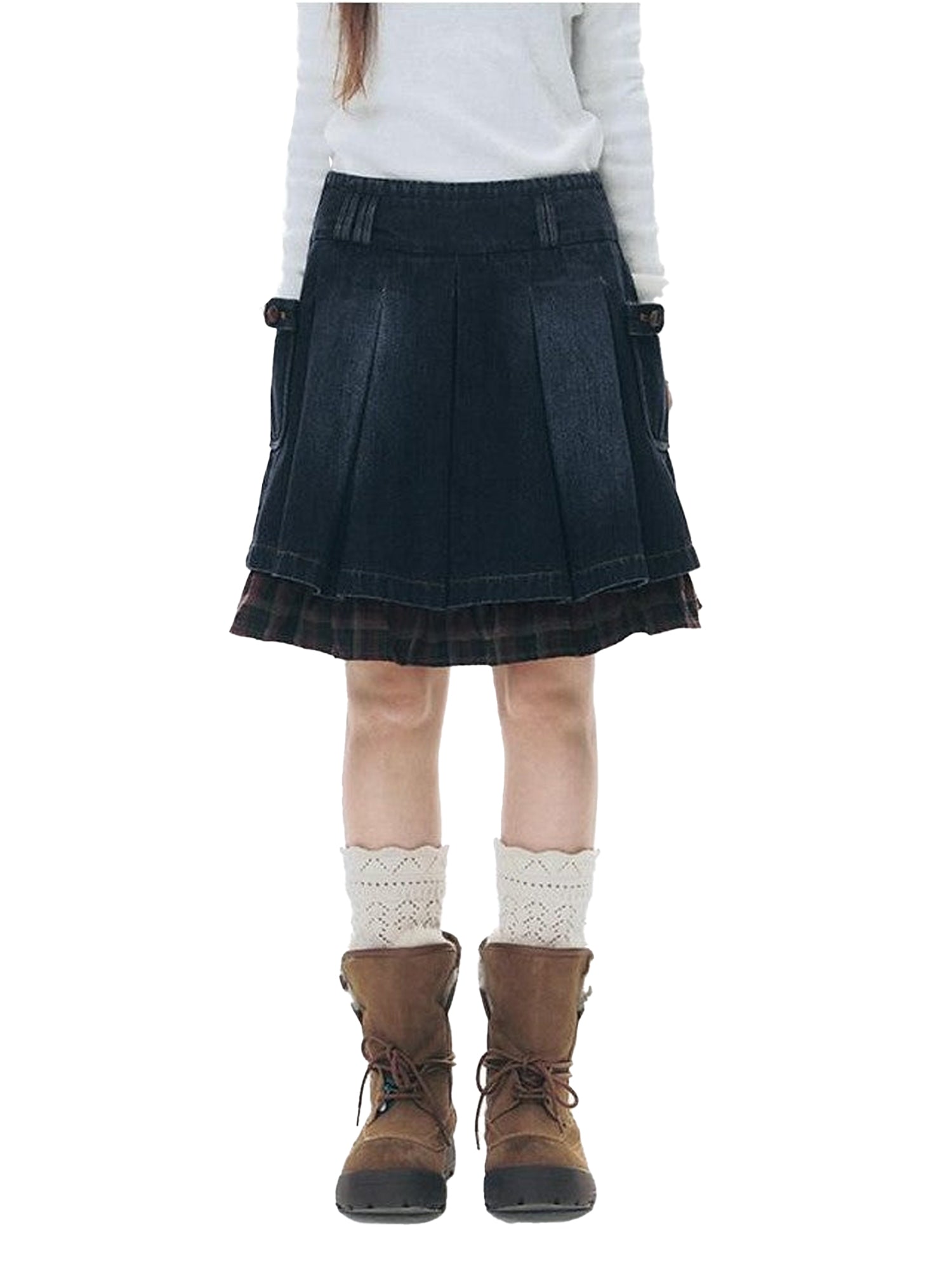 NAPSNAPS Denim Red Plaid Patchwork Wide Waist Women&