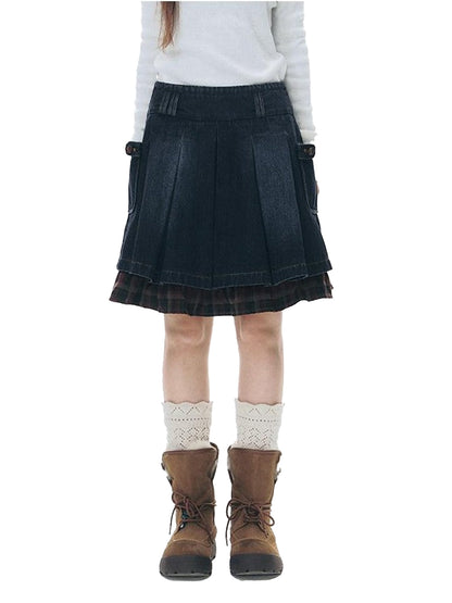NAPSNAPS Denim Red Plaid Patchwork Wide Waist Women&
