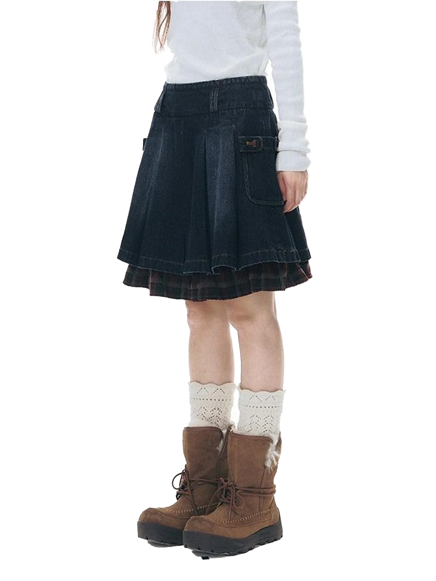 NAPSNAPS Denim Red Plaid Patchwork Wide Waist Women&