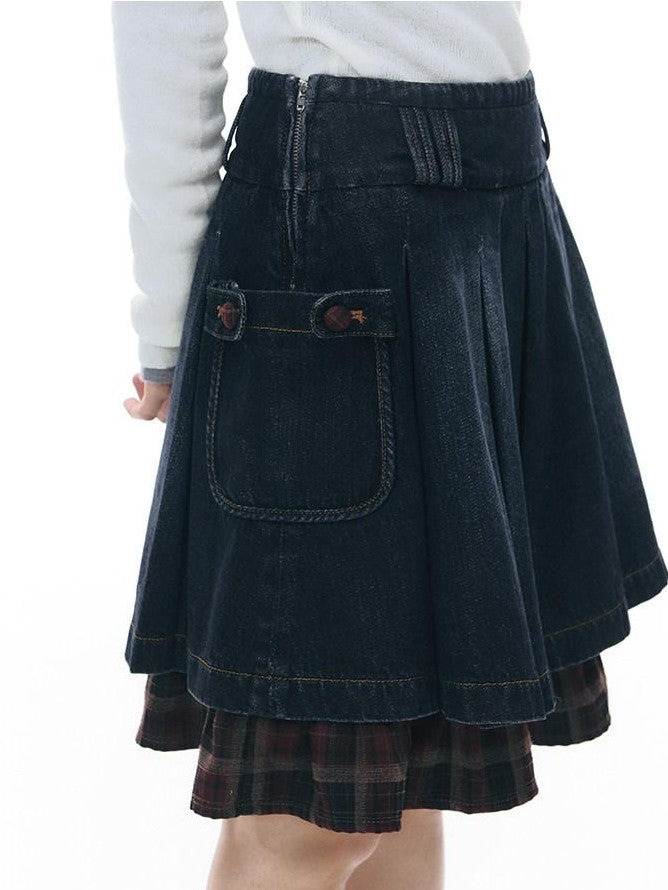 NAPSNAPS Denim Red Plaid Patchwork Wide Waist Women&