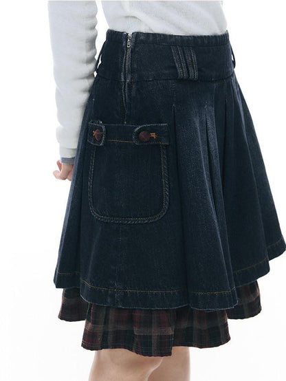 NAPSNAPS Denim Red Plaid Patchwork Wide Waist Women&
