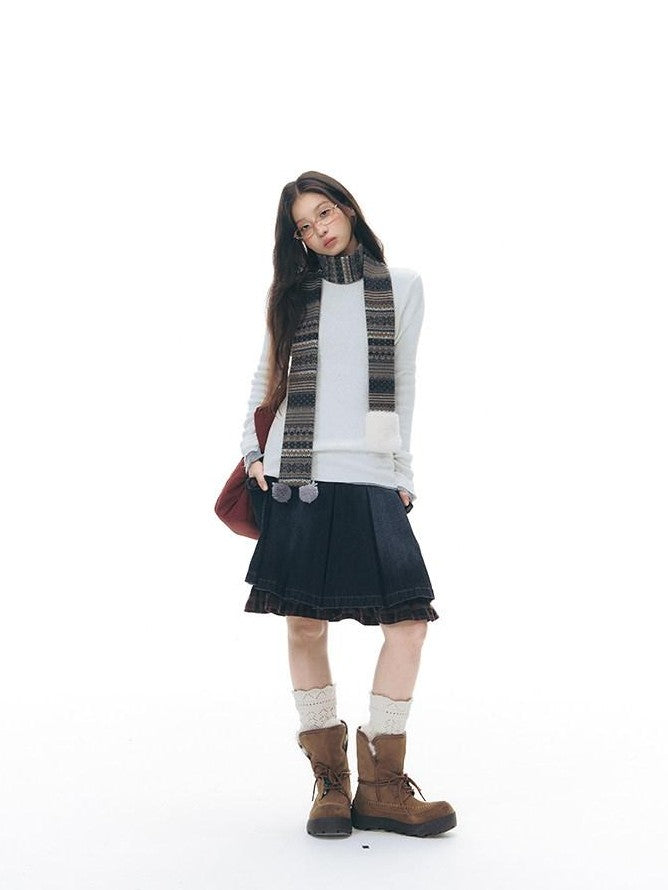 NAPSNAPS Denim Red Plaid Patchwork Wide Waist Women&