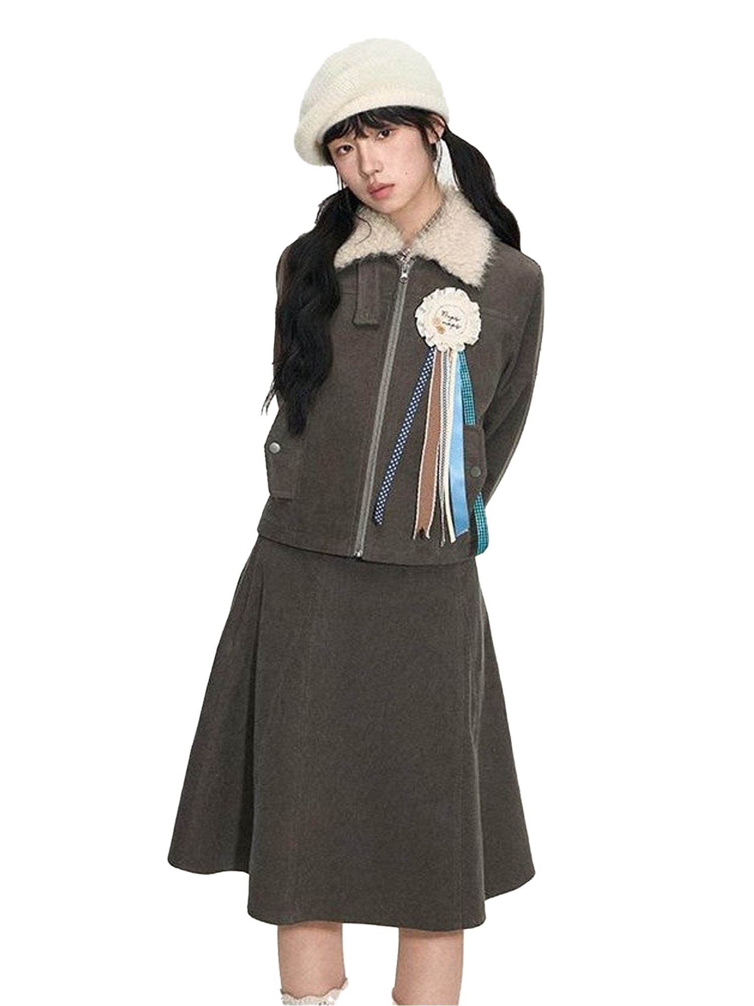 NAPSNAPS Detachable Fur Collar Patchwork Zipper Women&