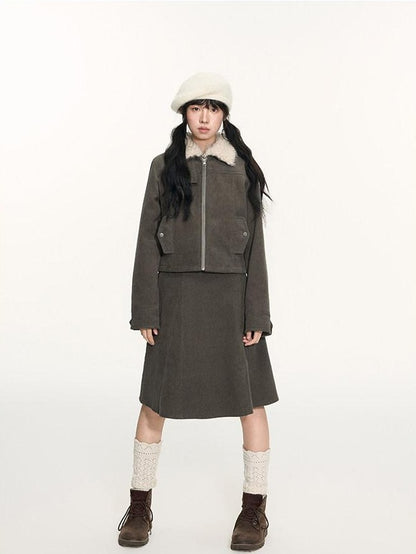NAPSNAPS Detachable Fur Collar Patchwork Zipper Women&