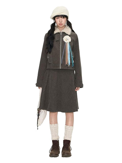 NAPSNAPS Detachable Fur Collar Patchwork Zipper Women&