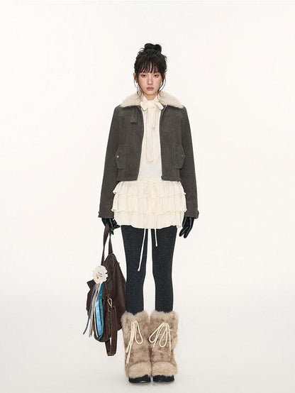 NAPSNAPS Detachable Fur Collar Patchwork Zipper Women&