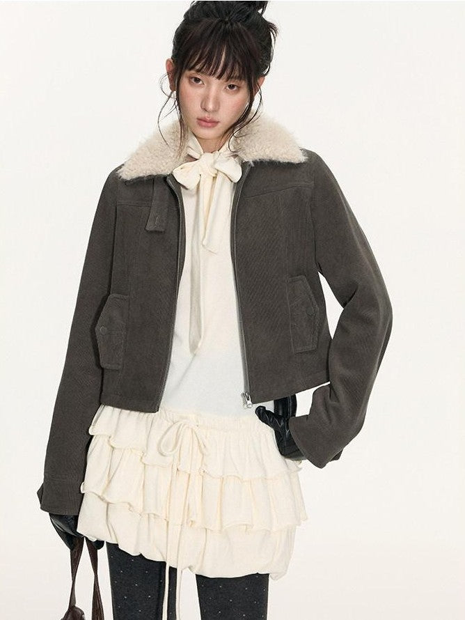 NAPSNAPS Detachable Fur Collar Patchwork Zipper Women&