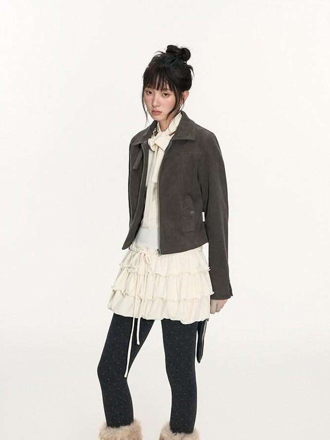 NAPSNAPS Detachable Fur Collar Patchwork Zipper Women&