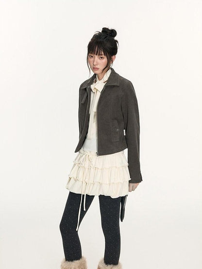 NAPSNAPS Detachable Fur Collar Patchwork Zipper Women&