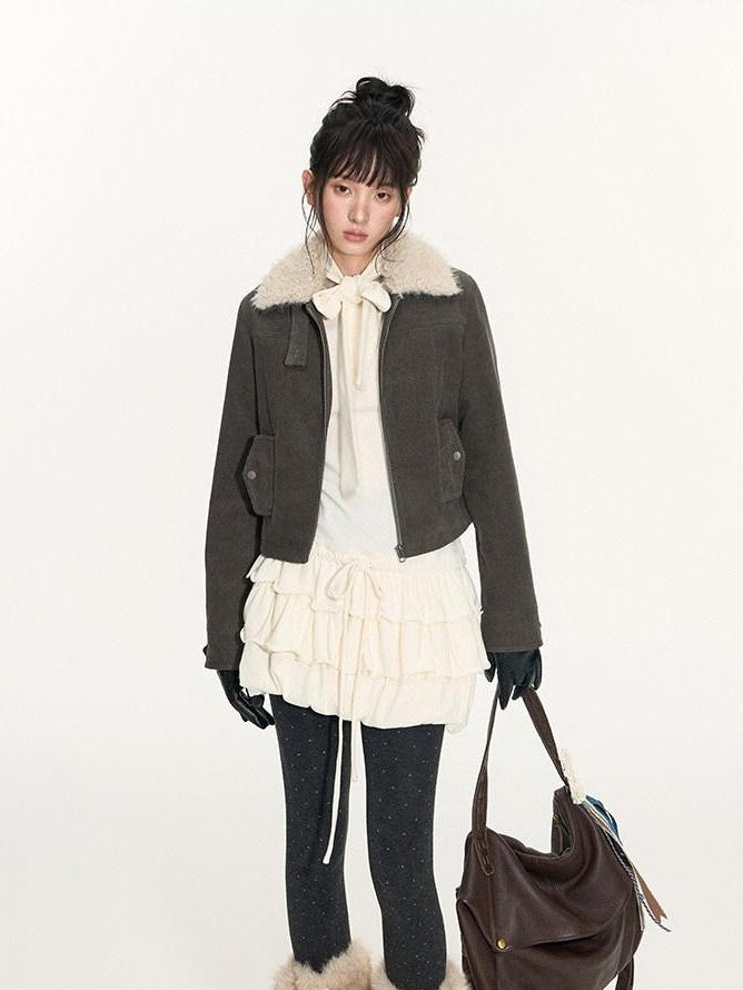 NAPSNAPS Detachable Fur Collar Patchwork Zipper Women&