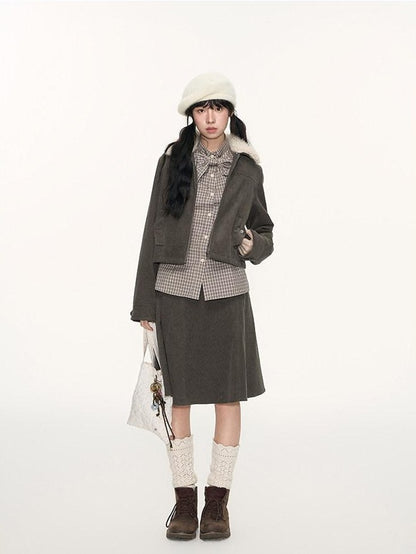 NAPSNAPS Detachable Fur Collar Patchwork Zipper Women&