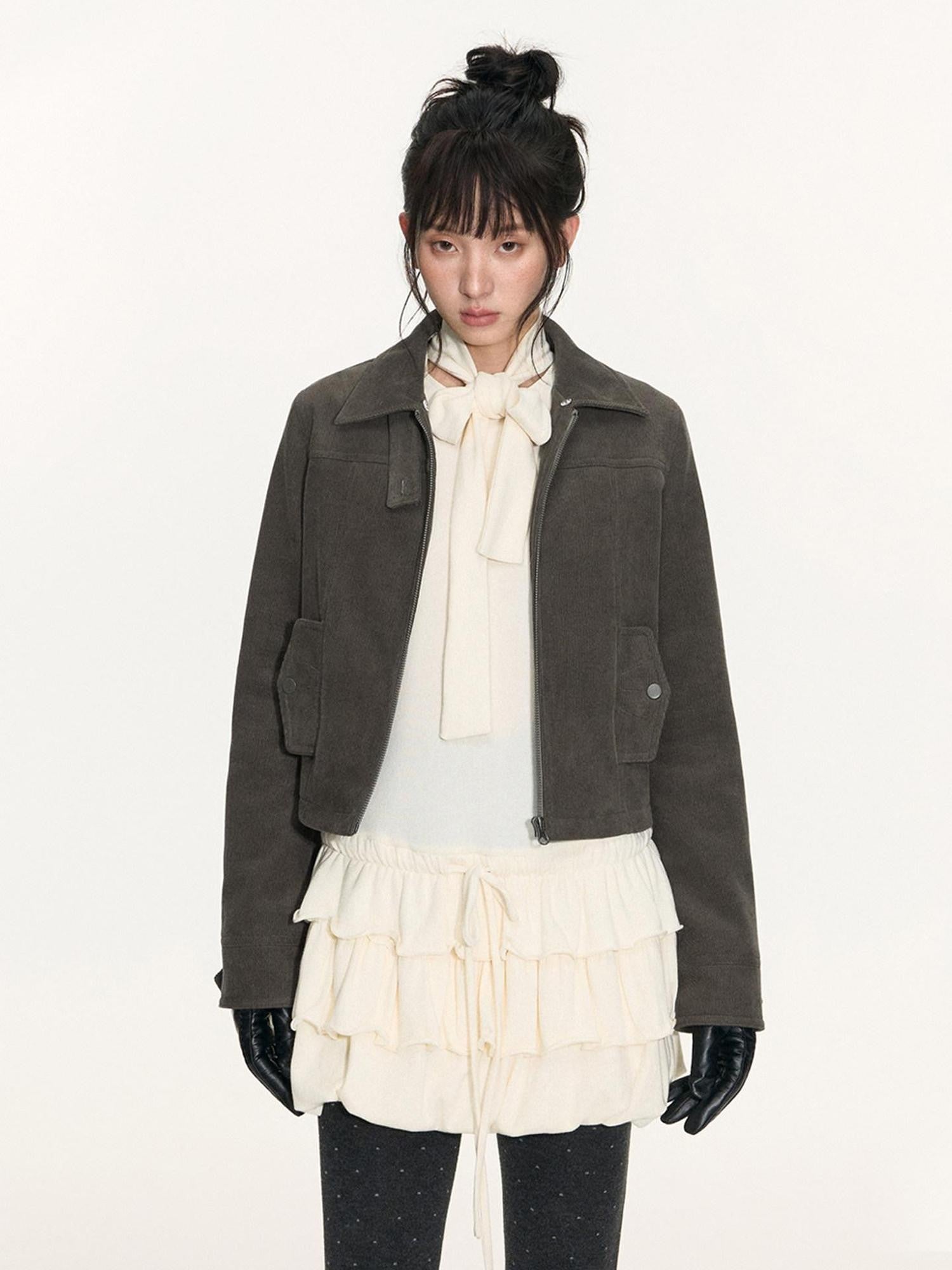 NAPSNAPS Detachable Fur Collar Patchwork Zipper Women&