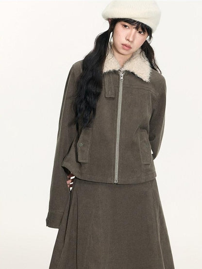 NAPSNAPS Detachable Fur Collar Patchwork Zipper Women&
