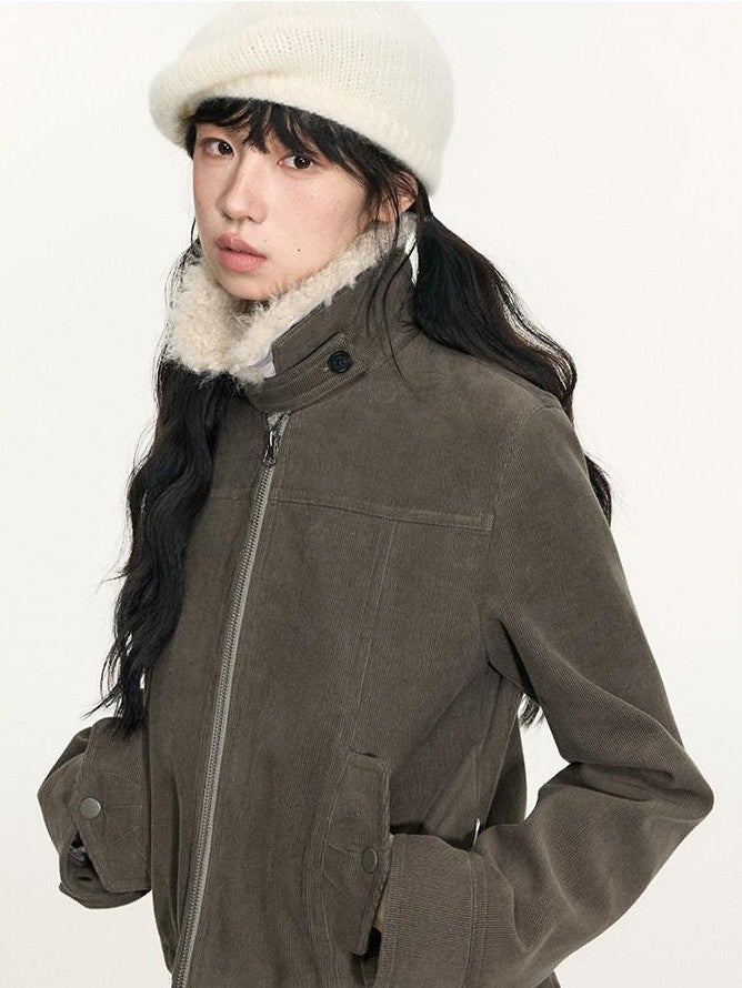 NAPSNAPS Detachable Fur Collar Patchwork Zipper Women&